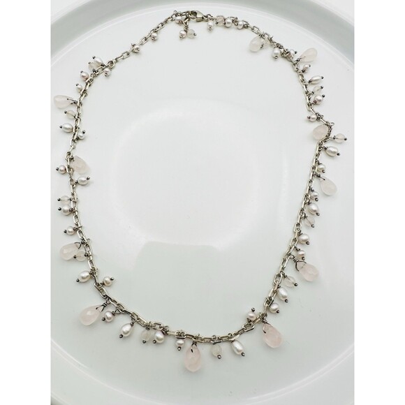 Vintage Sterling Silver 925 Freshwater Pearl Rose Quartz Dangle Necklace 18.5”